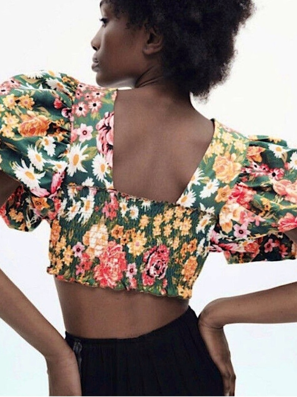 Floral Puff-Sleeve Crop Top - Green Floral